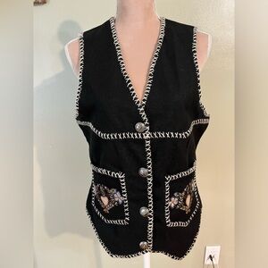 Caravan Womens Embroidered Black 100 % Wool Vest Size M New